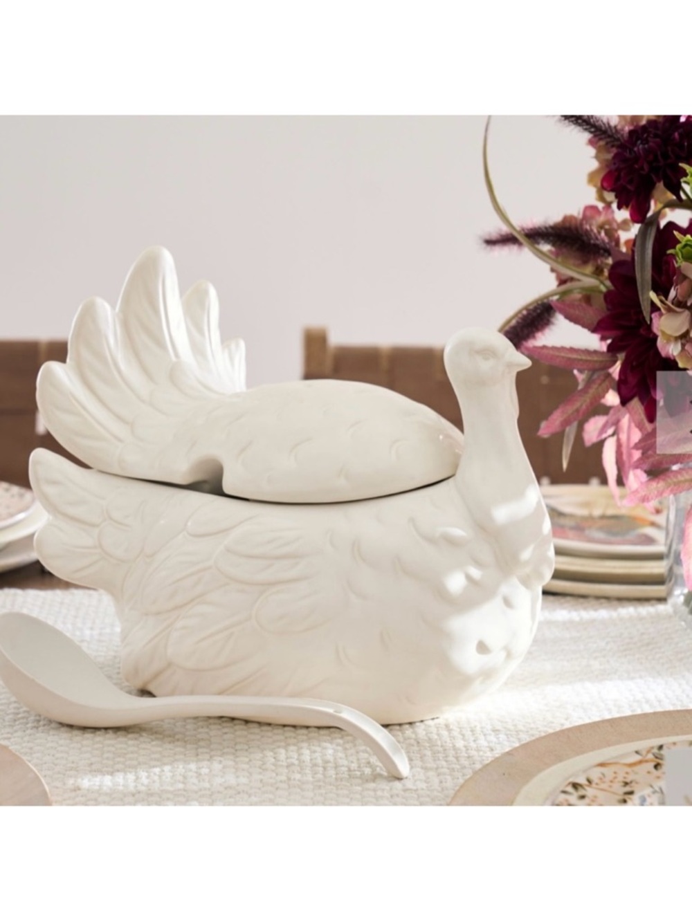 POTTERY BARN Thanksgiving Rustic Turkey Tureen w/ Ladle White & Beige NEW IN BOX